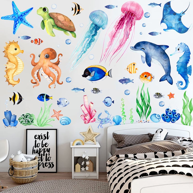 Sinekong 4 Sheets Ocean Fish Wall Decals Stickers Under The Sea Wall Decal Stickers Removable Sea Life Marine Animal Sticker Underwater Ocean Creatures Wall Decor for Kids Girls Boy Nursery Bedroom Bathroom - Image 2